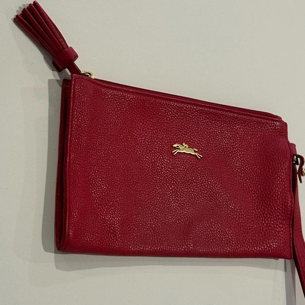 Longchamp Red Pebbled Leather Zip Wristlet Clutch Gold Logo - Picture 5 of 7